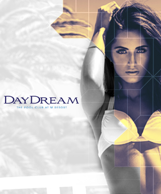 A woman in a bikini with the words DayDream: The Pool Club at M Resort.