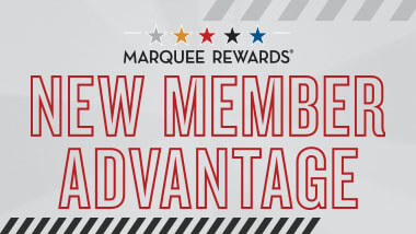 Logo with words "Marquee Rewards: New Member Advantage" outlined in red on a gray background.