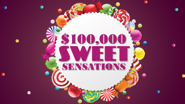 ($100,000 Sweet Sensations) inside white circle surrounded by images of candy