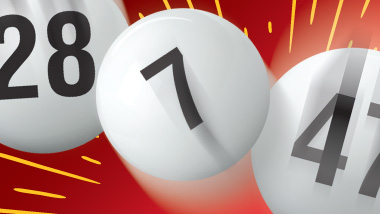 Three white, numbered lottery balls bouncing on a red background.